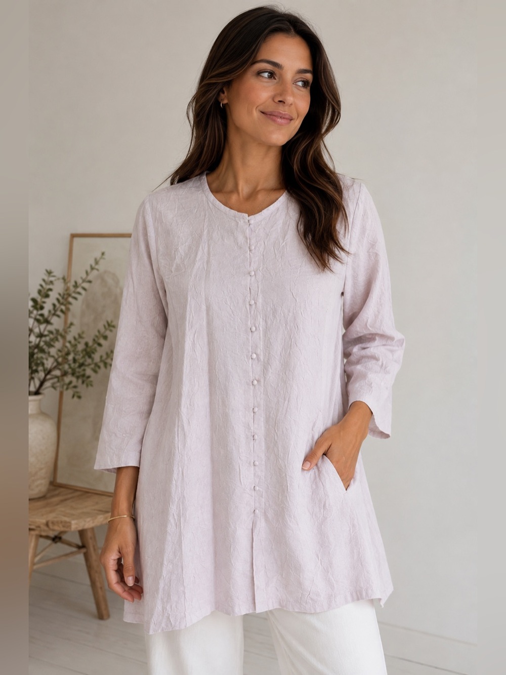 Vintage Eileen Fisher Pale Cream 100% Silk Button-Front Tunic with Pockets
